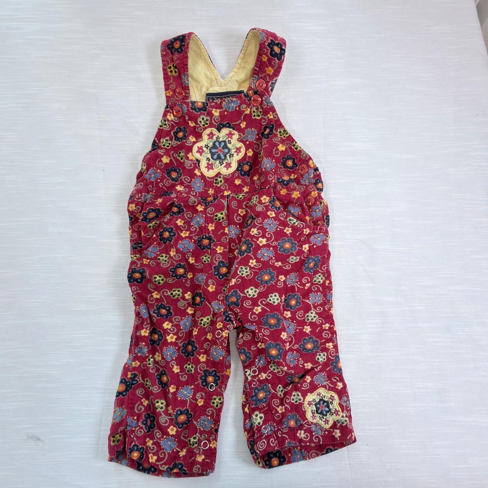 Vintage Beetlejuice Corduroy Overalls Baby Girls 12M Red Floral Cottagecore READ